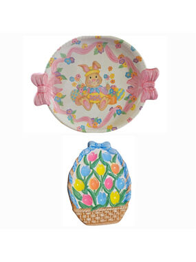 Vintage Easter Bunny Tray Set Bow Handles Pastel Spring Serving Plate Egg Tray